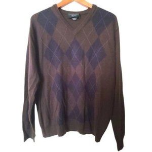 Linea Rosso Lightweight Merino Wool Blend Sweater‎ Argyle Brown L Large V-Neck